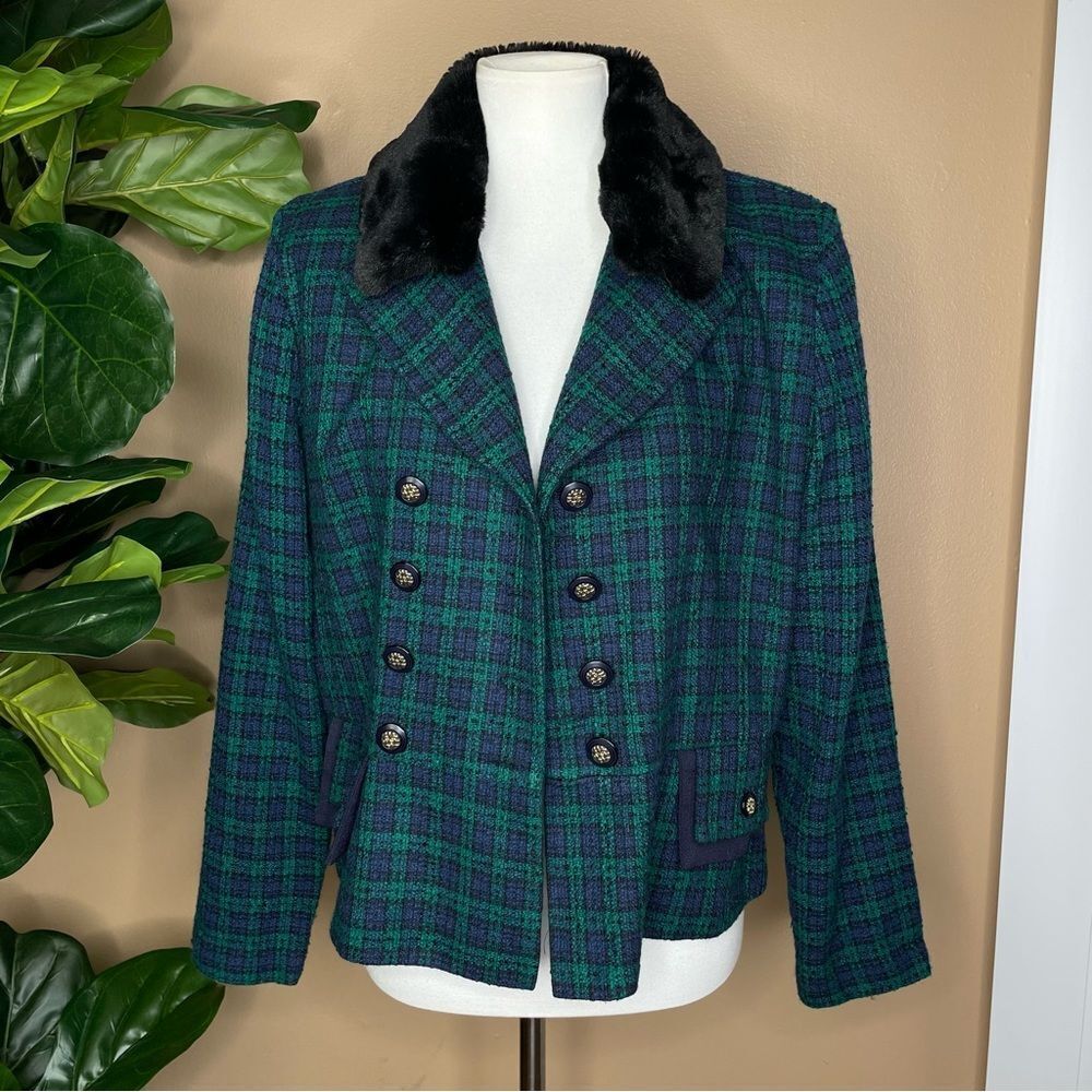 Perceptions Vintage Plaid Fur Trim Double Breasted Blazer Size 14